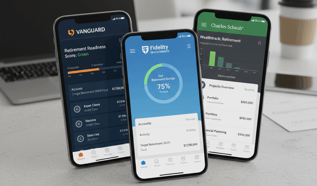 Retirement app interfaces for Fidelity, Vanguard, and Schwab
