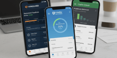 Retirement app interfaces for Fidelity, Vanguard, and Schwab