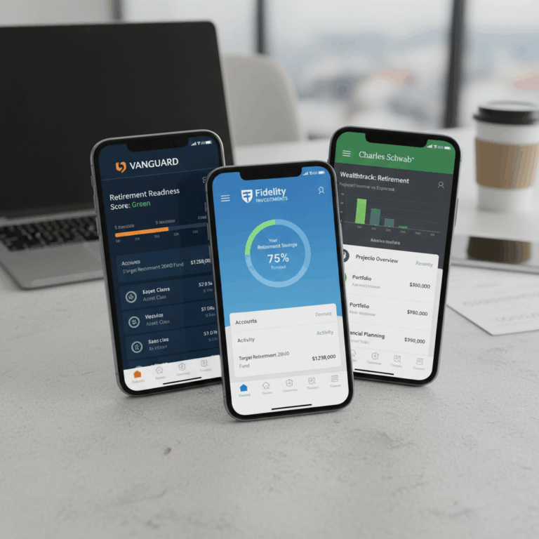 Retirement app interfaces for Fidelity, Vanguard, and Schwab