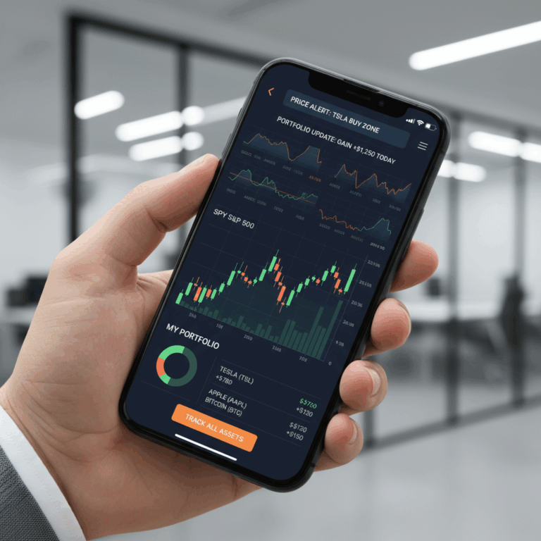 Mobile phone showing investment alert notifications