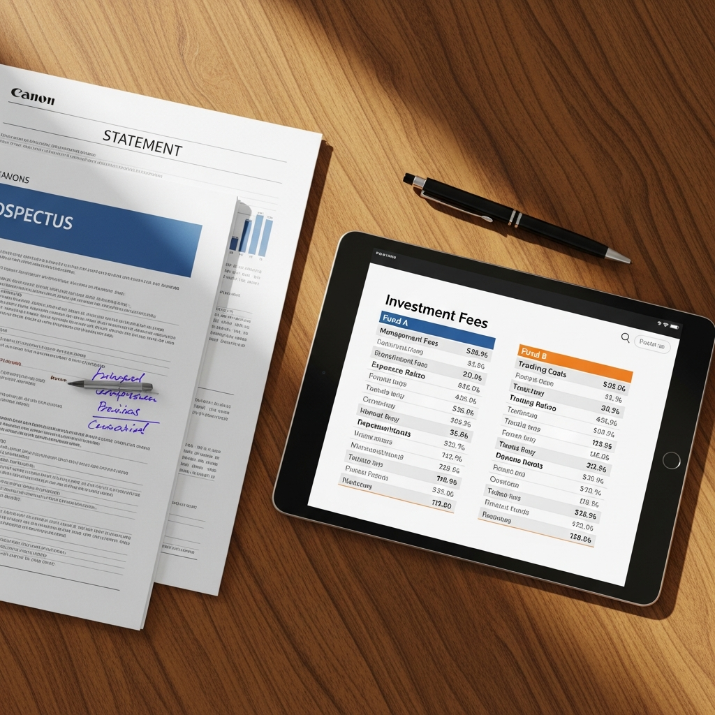Investment fee comparison chart on a tablet screen with financial documents on desk
