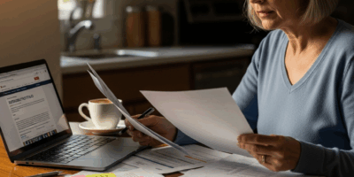 woman reviewing retirement portfolio documents at kitchen ta 20260331 083106