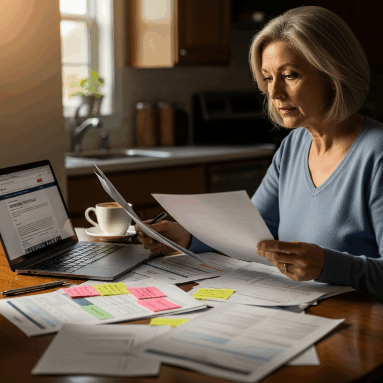 woman reviewing retirement portfolio documents at kitchen ta 20260331 083106